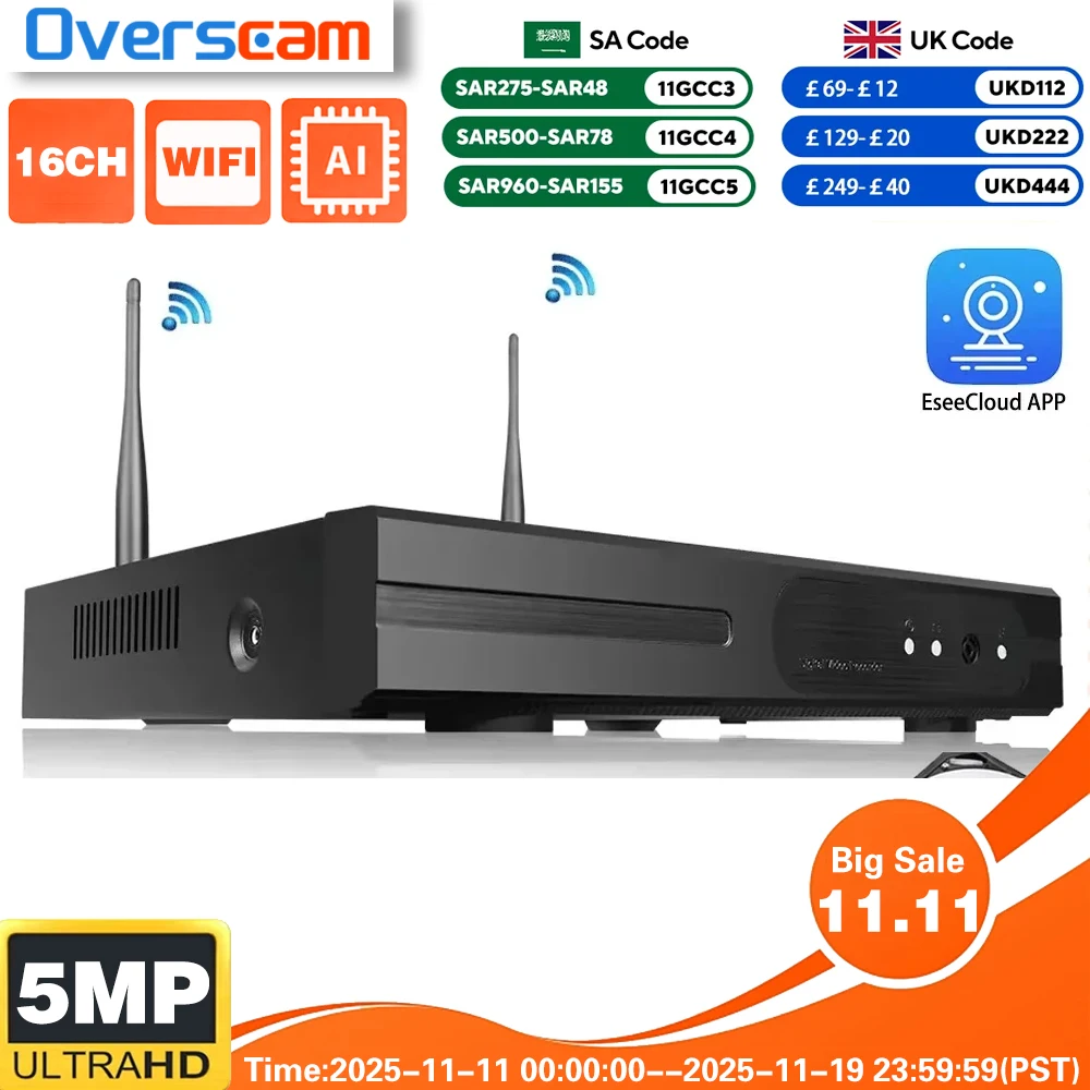 

5MP 16CH H.265 Wireless NVR Human Detection Wifi CCTV Camera System P2P IP Cameras Network WiFi NVR for Eseecloud APP 16 Channel