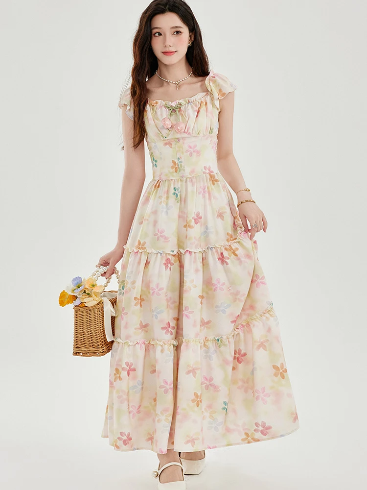 

French Temperament Women Flowers Print Party Long Dress Lady Elegant Square Collar Sleeveless Female High Waist A-Line Dress