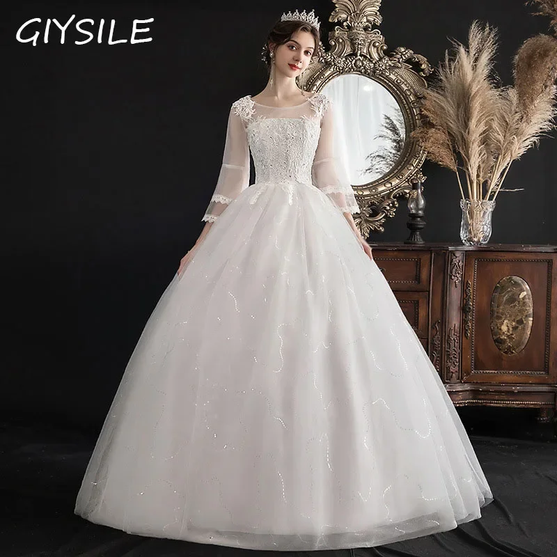 GIYSILE Wedding Dresses Large Size Evening Dress Korean Style Quarter Sleeved Flared Sleeve Temperament Main Wedding White Dress