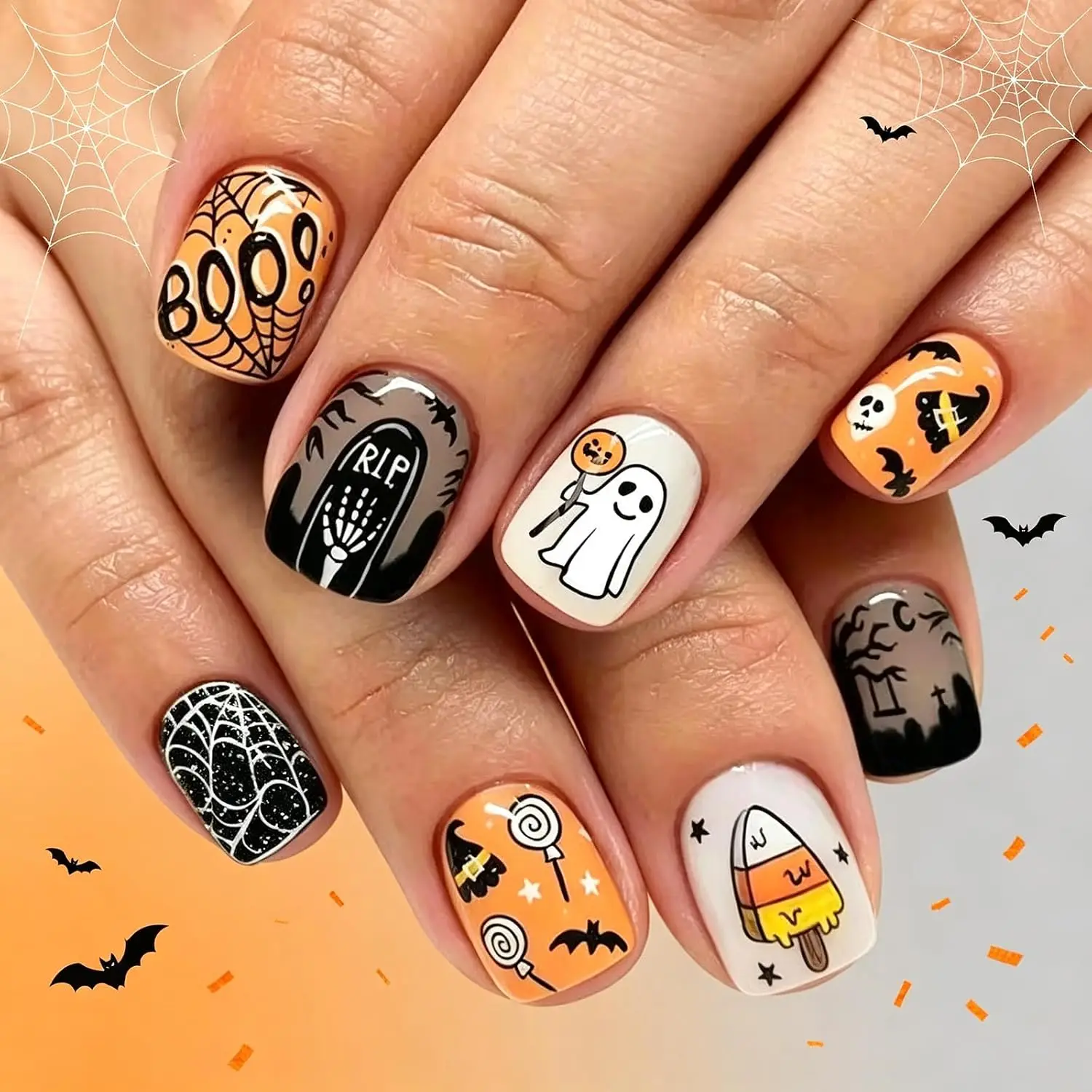 Halloween Press on Nails Halloween Glossy Fake Nails Stars Acrylic Nail Pumpkin Ghost Spiderweb Glue on Nails Halloween Ghost - view 5