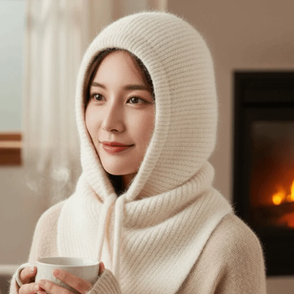 Trendige Winter-Balaclava-Mütze aus dickem Garn mit Ohrenschutz, einfarbige, gemütliche Fleece-Beanie-Mütze mit integriertem Schal – Detail 10