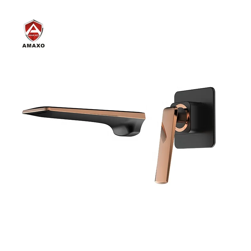 AMAXO Modern Rose Gold Light Black Brass Bathroom Hot And Cold Water Wall Mounted Vanity Lavatory Basin Faucet Mixer Tap