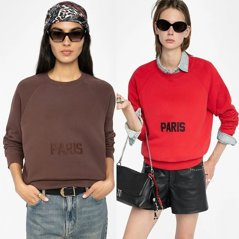 Sudadera de manga larga de algodón rojo para mujer, sudadera informal de retazos con letras y cuello redondo para otoño e invierno, jersey para mujer
