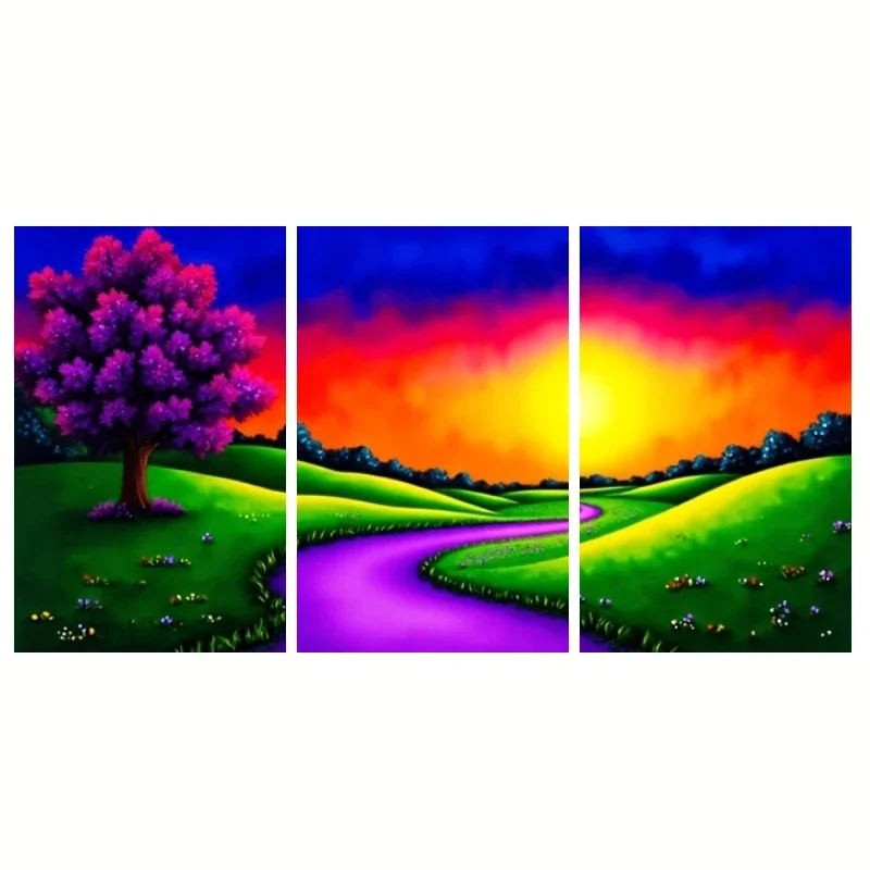 2D Flat, 3pcs Modern Minimalist Watercolor Rainbow Landscape Wall Art Prints - Purple Trees, Green Hills & Sunset Suitable fo