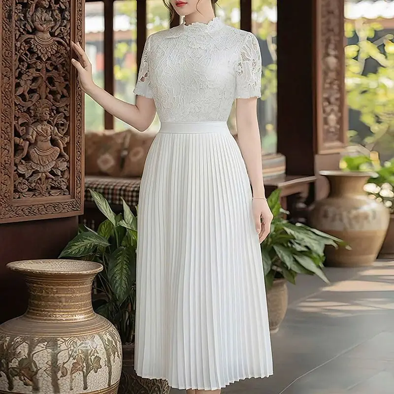 

Летнее платье с кружевными вставками, женское длинное платье-халат с плиссированной юбкой, элегантное платье для вечеринок.