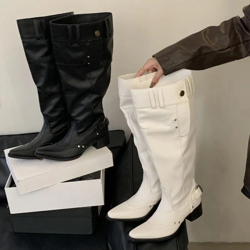Aneikeh White Vintage Western Cowboy Boots Women Thick-heeled Designer Pleated Knee-High Boots Fashion Low Heels Long Booties