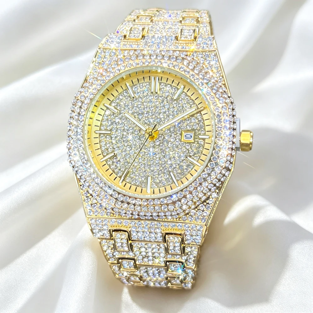 MISSFOX Men Luxury Full Iced Out Diamond Watch Gold Quartz Wristwatch Bling Rhinestone Paved Dial Calendar Clock Hip Hop Fashion Dress Timepiece Shiny  Wrist Watch Jewelry Gift for Club Party Wedding Anniversary Birthday