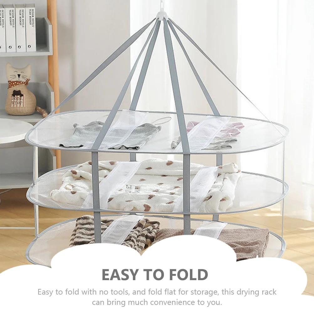 Folding Hanging Dryer Three Tier Drying Rack Clothes Clothing Windproof Design for Home Layers Nylon Mesh Laundry Hanger