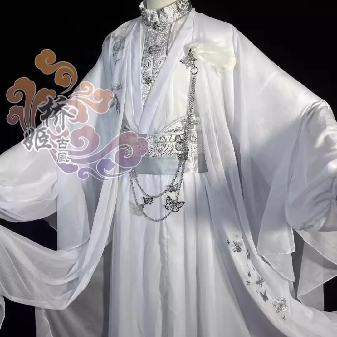 

Men Ancient Costume White Versatile Fake White Clothes Flower City Ink Burning Qiao Ji Gu Feng Antient Dress