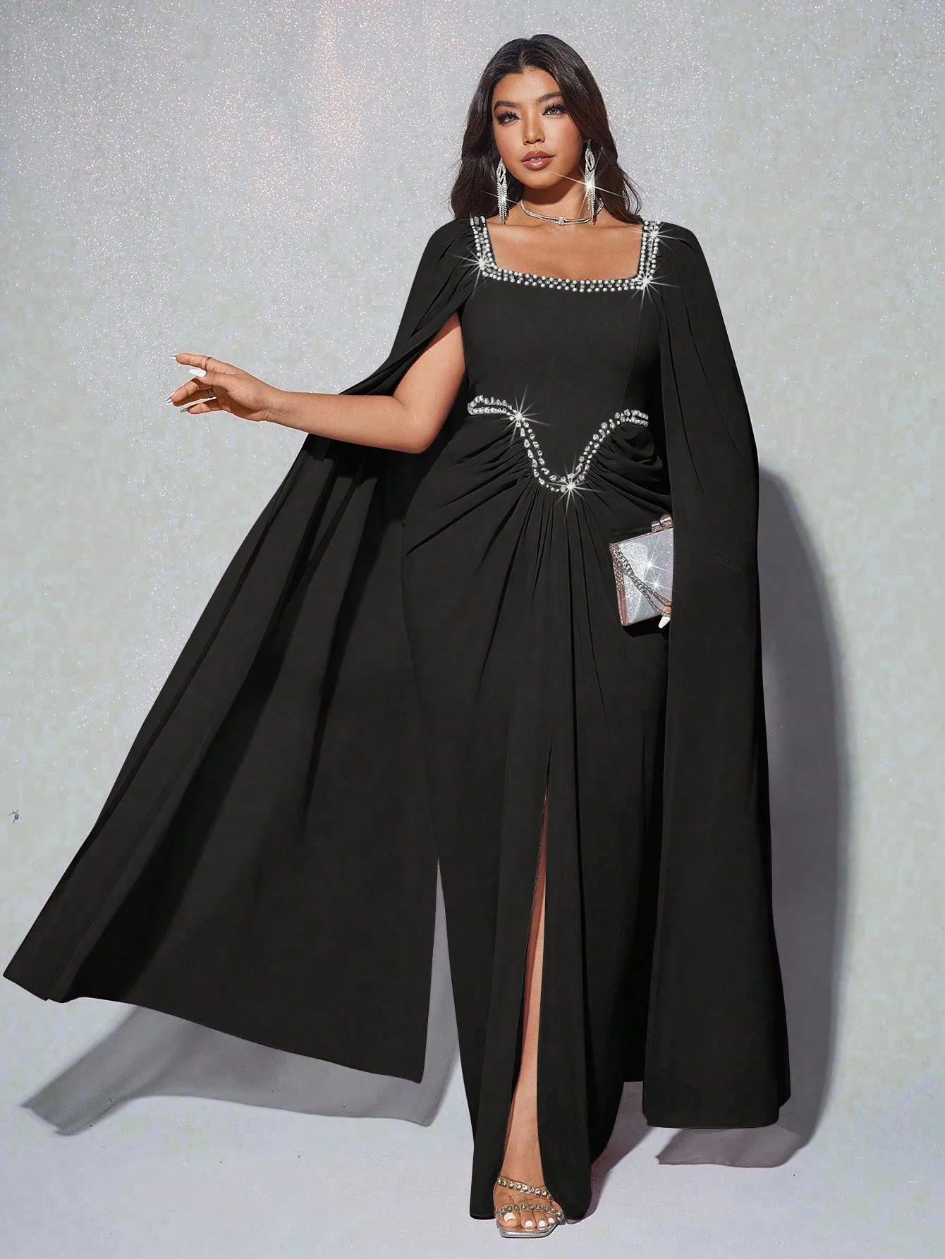 

Элегантное романтичное роскошное шифоновое платье больших размеров для женщин с рукавами-фонариками, круглым вырезом и декором из страз для банкетов, вечеринок и свадеб