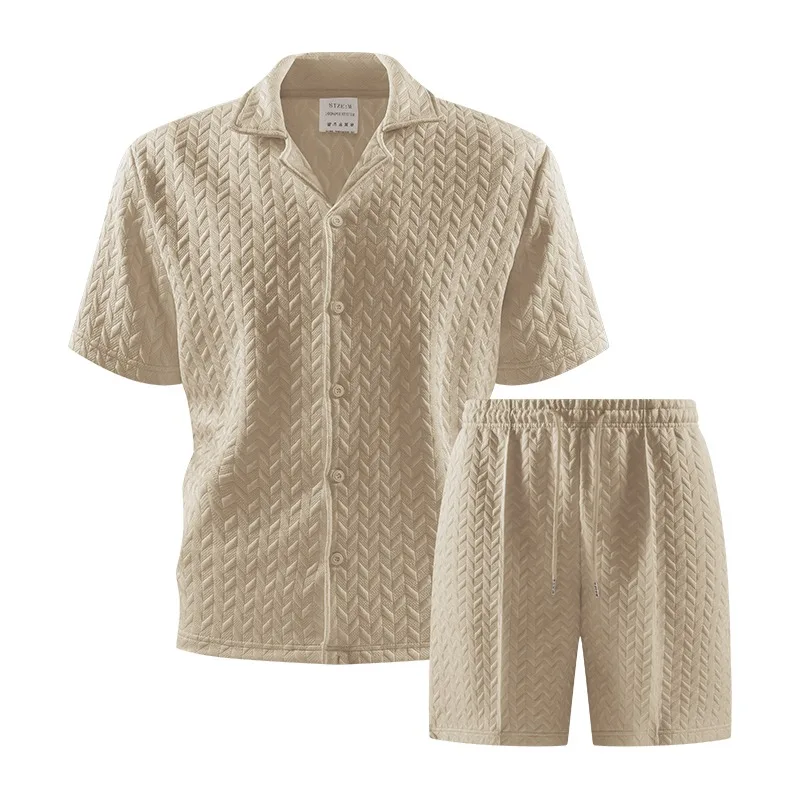 

Men's 2 Piece Textured Knit Set Camp Collar Button Down Shirt and Drawstring Shorts for Casual Loungewear
