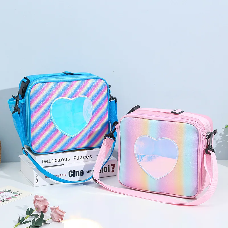 Borse Bento per il pranzo dei bambini color arcobaleno Love Borsa a tracolla quadrata per ragazze portatile carina dei cartoni animati Borse semplici e casual per bambini