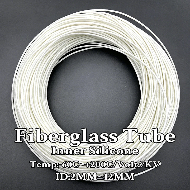 Inner Diameter 2-12mm, 200 Degrees Celsius White Outer Fiber Inner Silicon Glass Fiber Tube, Flame-retardant Insulation Sleeve.