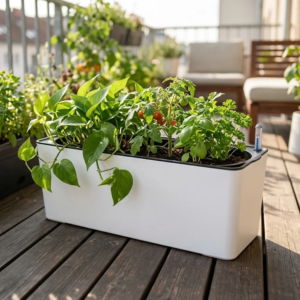 Rectangle Self‑Watering Flowerpot With Water Level Indicator Window, Plastic Box For Indoor Outdoor Garden Plant Growing