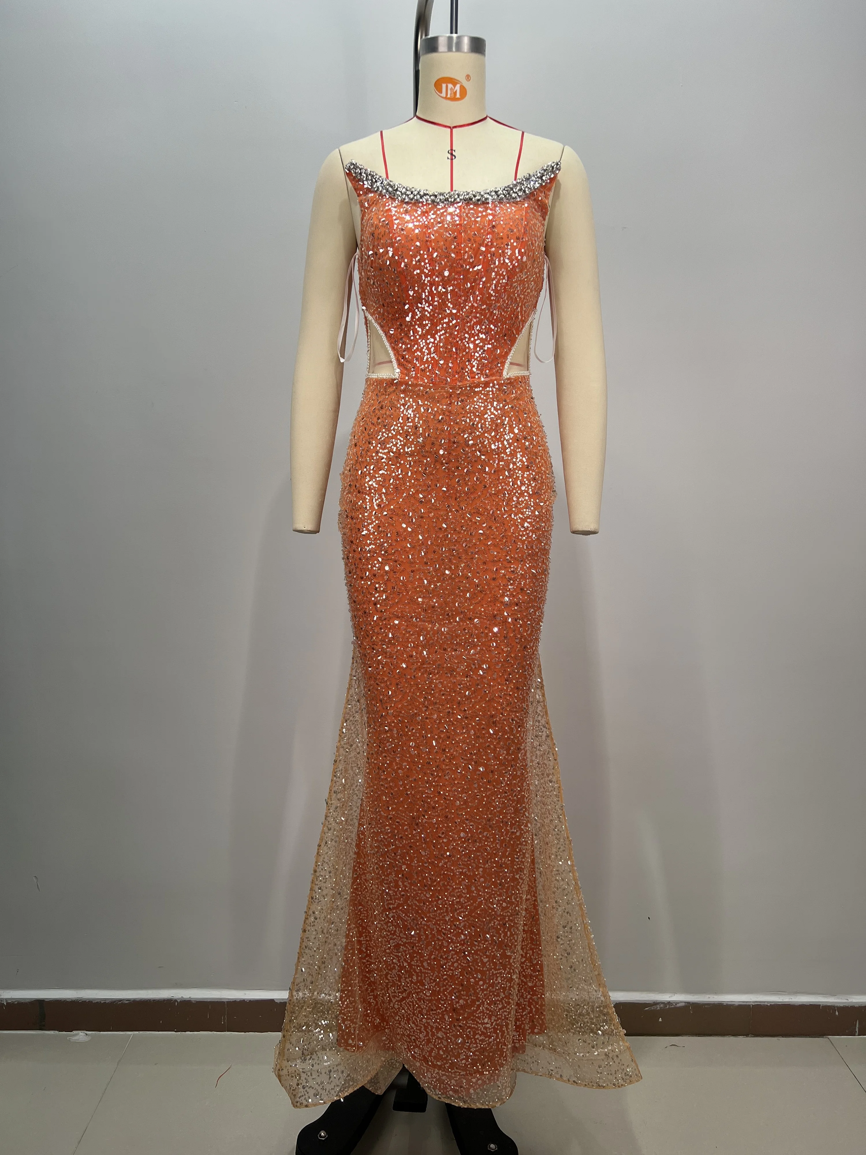 Women Sexy Orange Strapless Diamonds Pearl Sequins Maxi Long Dress Luxury Elegant Party Evening Stage Performance Vestido