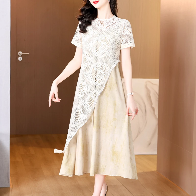 

2025 Summer Female Lace Two Piece Dress Suit Casual Print Evening Vintage Matching Sets Women Elegant Bodycon Party Vestidos