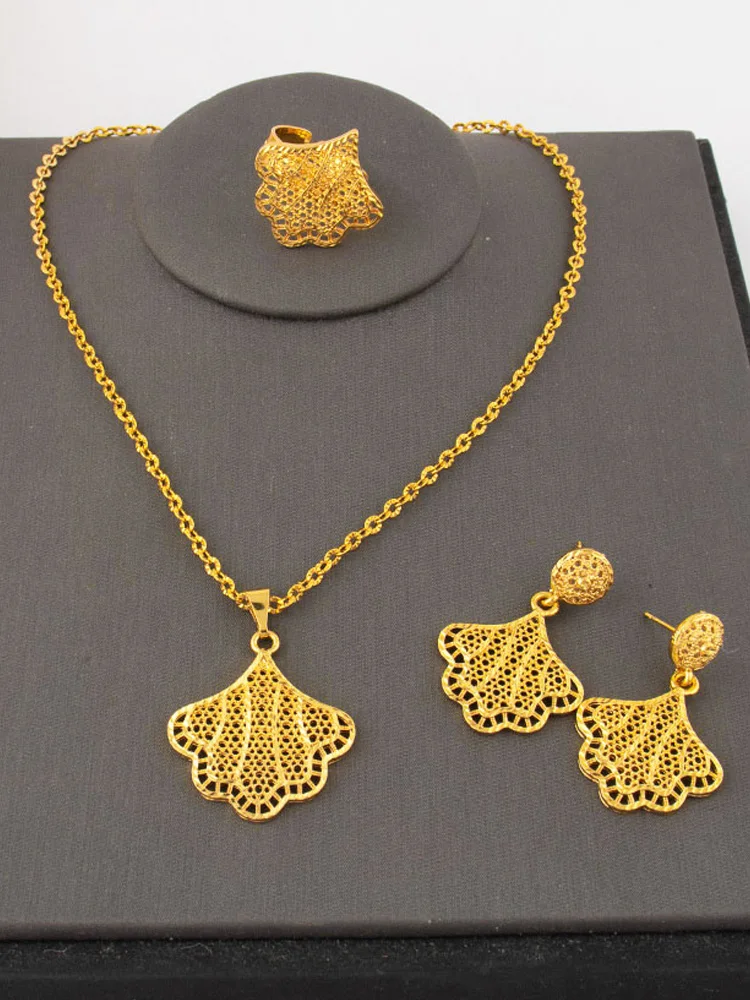 

YM Gold-Tone Hollow-Out Jewelry Set for Women, Dubai-Mid East Earrings Ring Nigeria Necklace, Wholesale Mother’s Day Gift