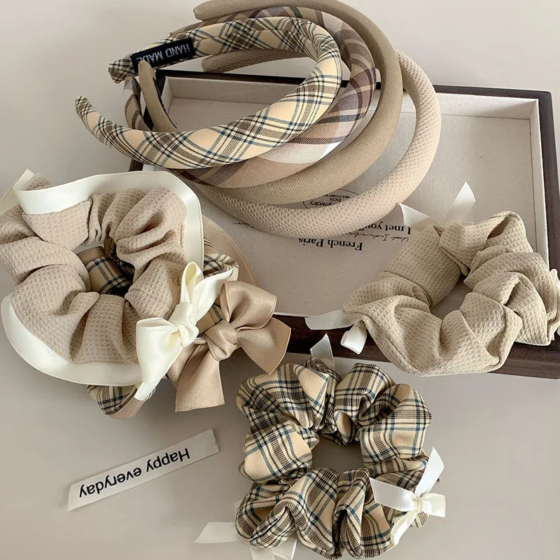 Korean New Preppy Coffee Plaid Elastic Hair Tie Headband For Sweet Girls Simple Bowknot Scrunchie Hair Rope Hair Accessories