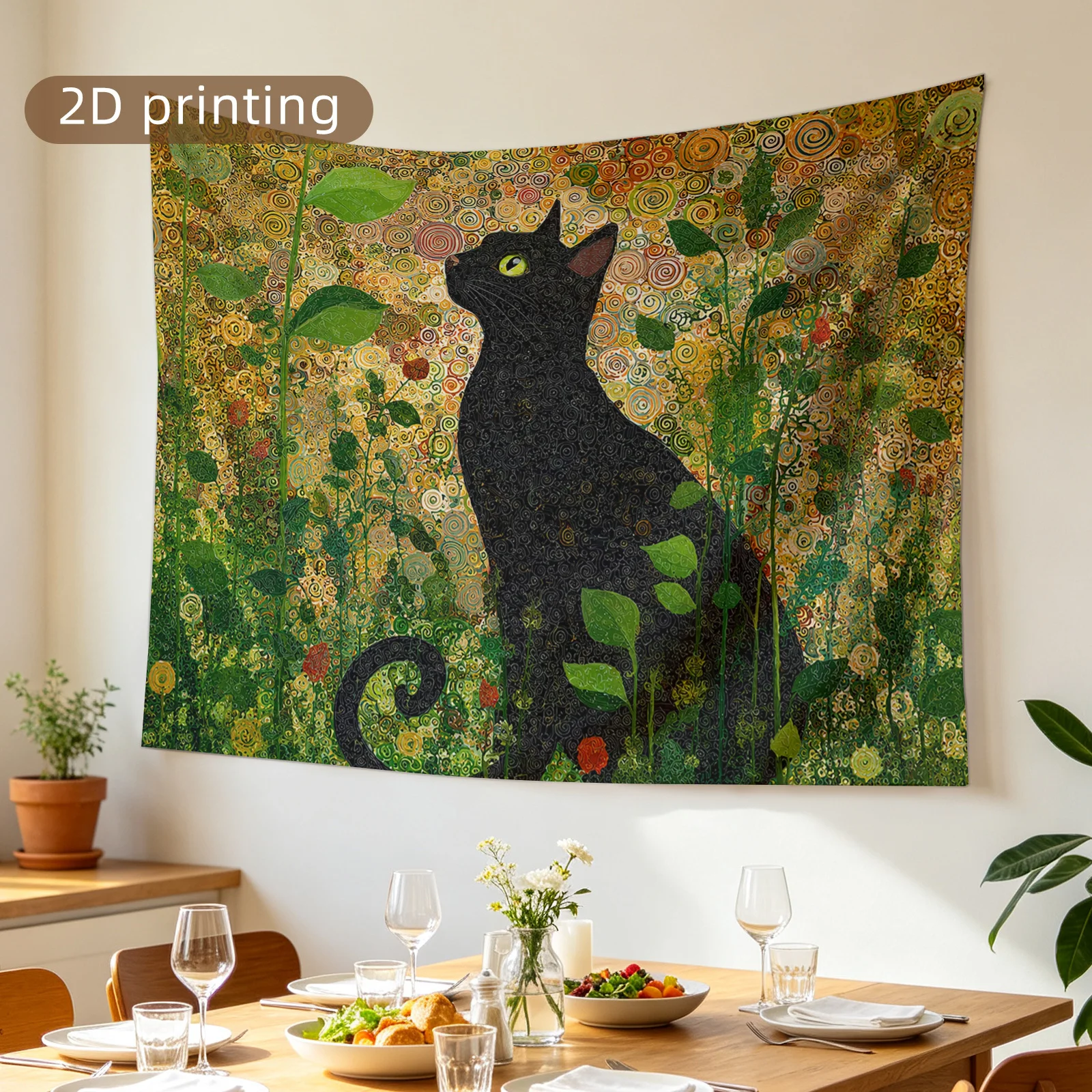 Premium Bohemian Cat Floral Tapestry Wall Hanging Boho Cottagecore Botanical Art Print Neo Classical Nature Decor Indoor Living