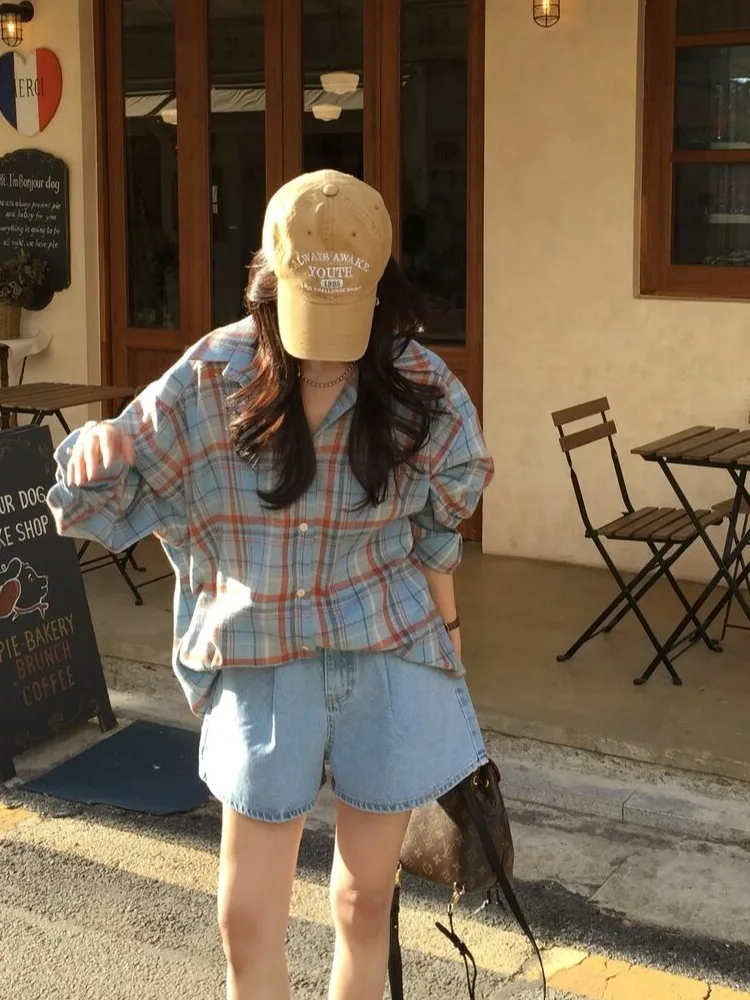 

Открытый кардиган в клетку в стиле ретро с отложным воротником irt, женская ранняя осень, цветная блузка, свободная длинная блузка Lazy Sle