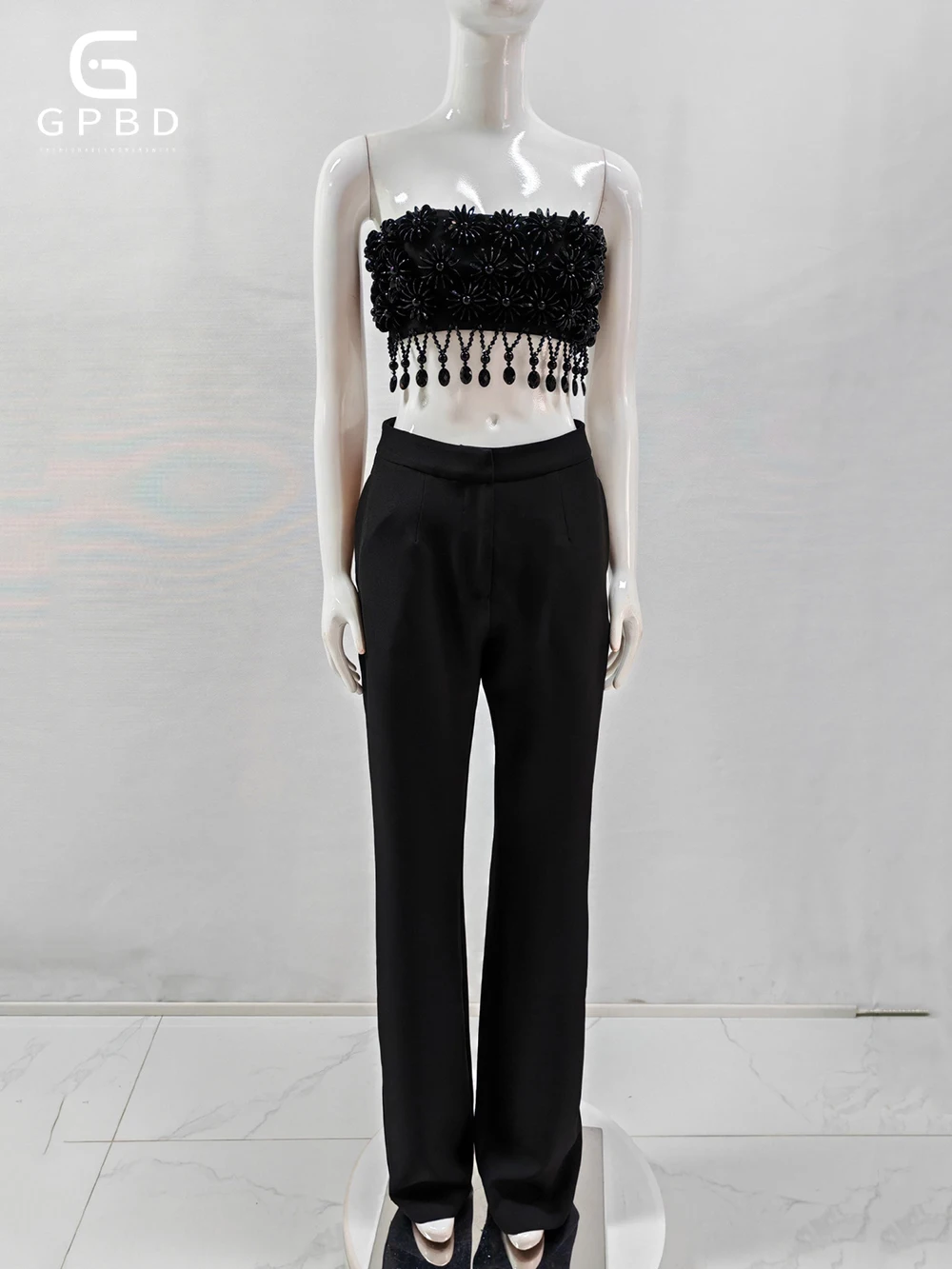 Black Bead Tassel Two Piece Pants Set Women Sexy Strapless Crop Tops and Trousers Luxury Party Club Outfits Pantsuits