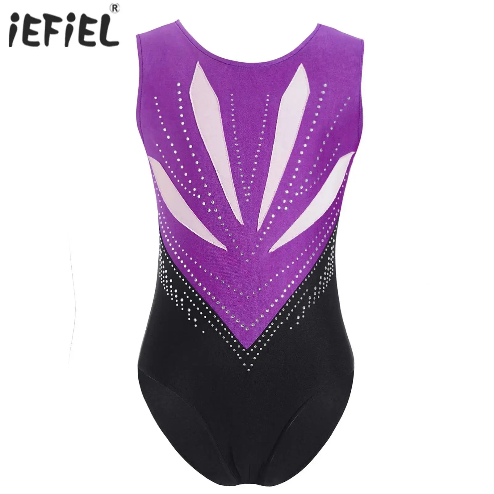 Kids Girls Ballet Gymnastics Leotard Sleeveless Bowknot Cutout Back Sparkly Rhinestones Figure Ice Skating Bodysuit Dancewear