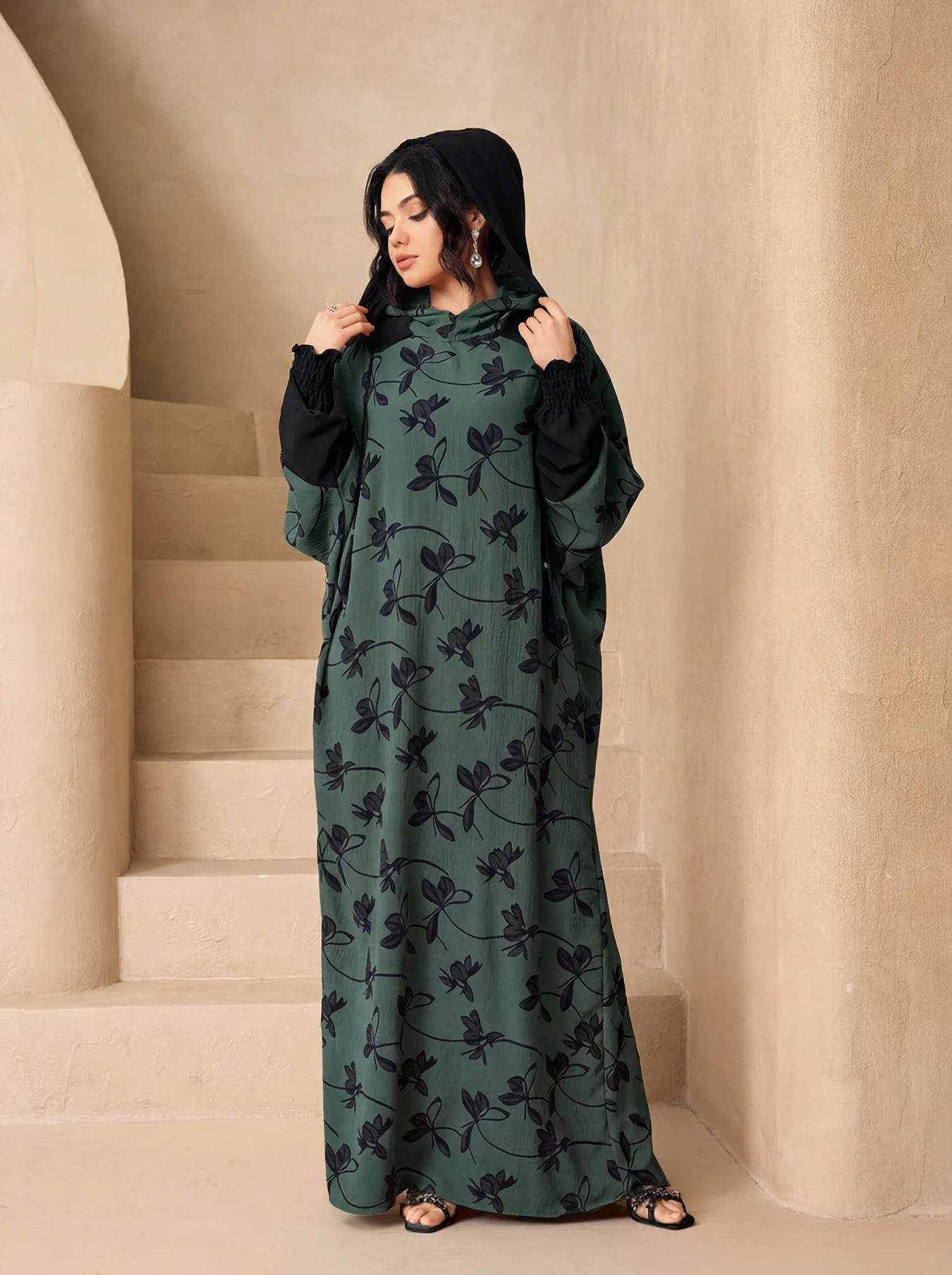 Floral Print Hooded Abaya Maxi Dress, Contrast Elastic Cuff Tassel Drawstring Modest Kaftan For Muslim Women Daily Wear