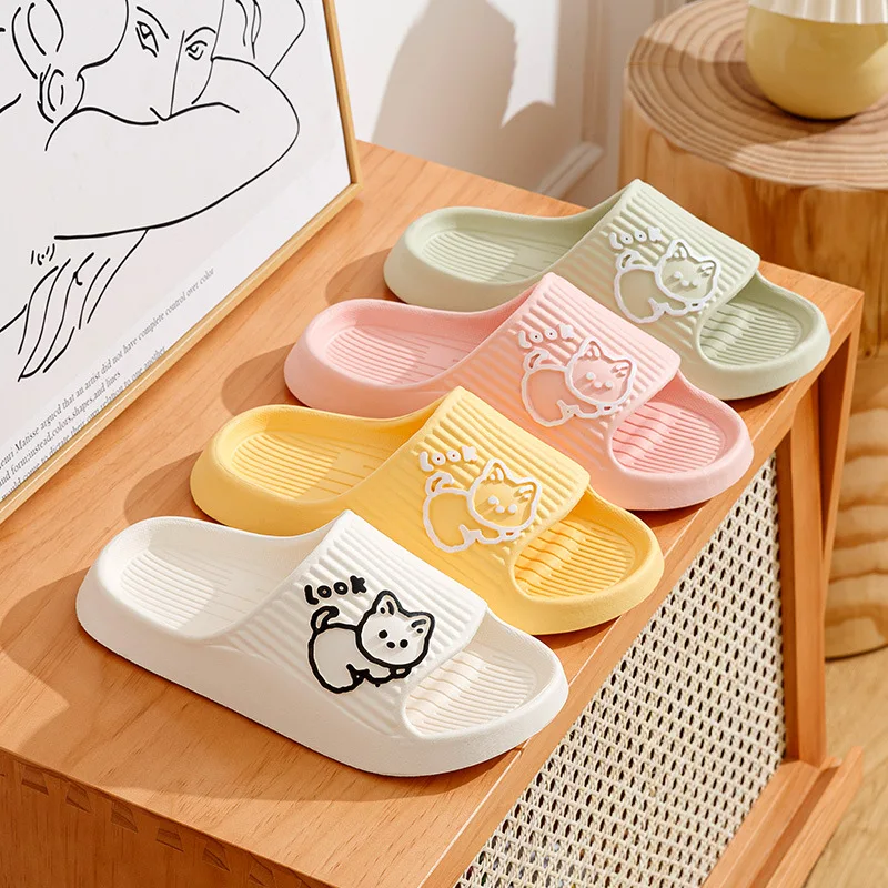 

Cute Cartoon Kitten Women's Summer Slippers Indoor Bathroom Cloudy Soft Sole Non-slip Leisure Comfort Couple Home Shoes