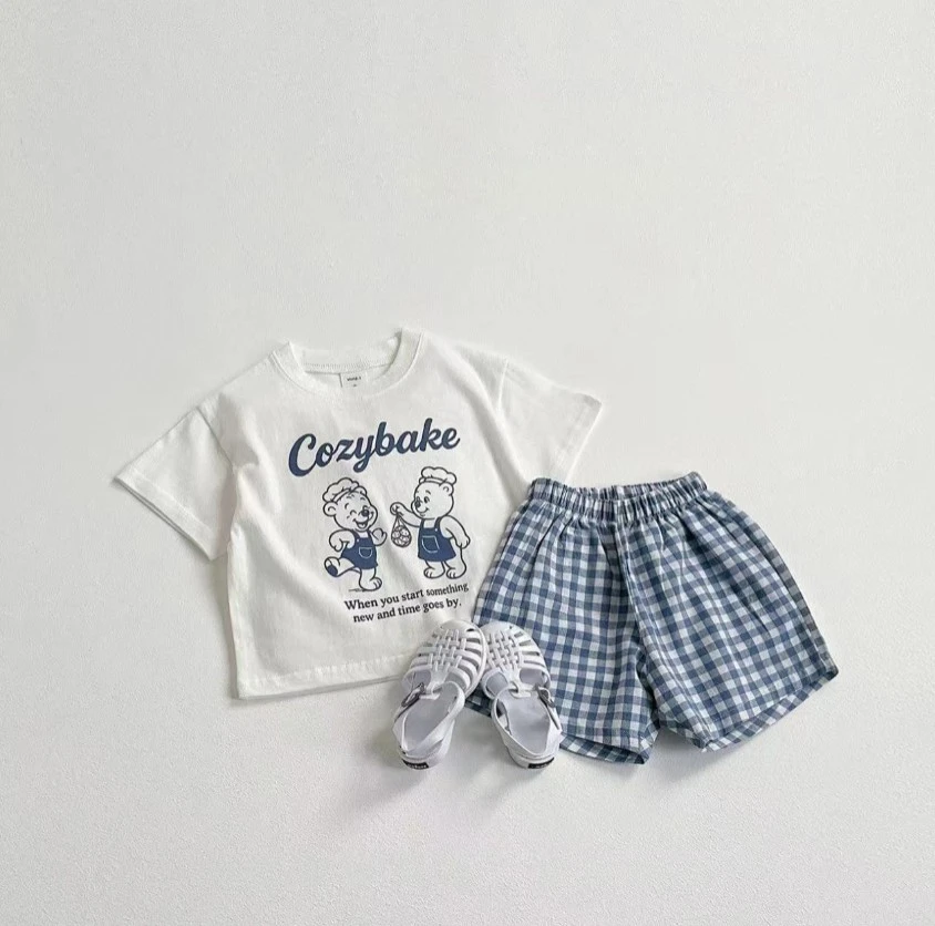 Small Kid Summer 2Pcs Clothing Set Cartoon Bear Print Child Crew Neck Short Sleeve T-Shirt With Plaid Shorts Lightweight Outfits