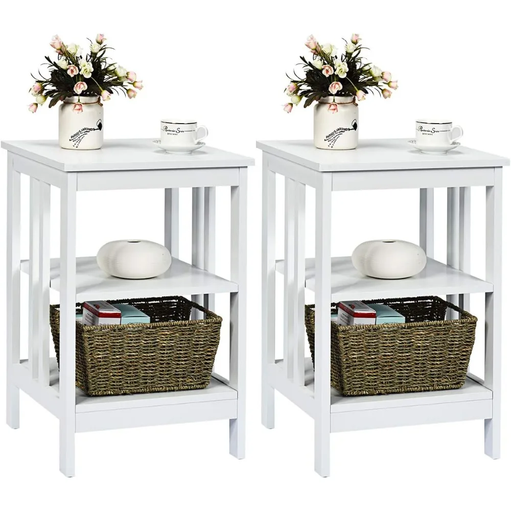 

3-Tier Nightstand Set of 2, Modern Side Table with Storage Shelves and Reinforced Bars, Versatile Bedside Tables, Wooden