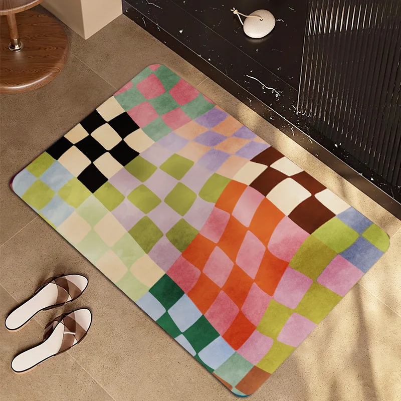 Colorful Checkered Geometric Bath Mat Non‑Slip Water Absorbent Floor Rug Retro Plaid Pattern Doormat For Bathroom Entrance Kitch