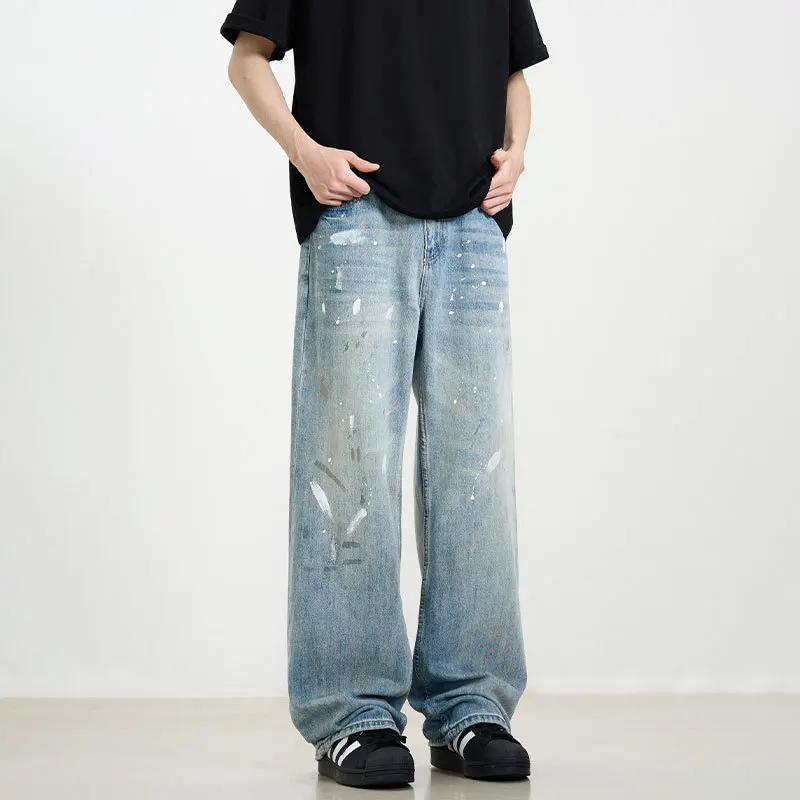 WTHT Fashion Men's Splashed Ink Graffiti Do Old Design Denim Pants Vintage High-waisted Straight Jeans Male 2026 Summer 2A3185
