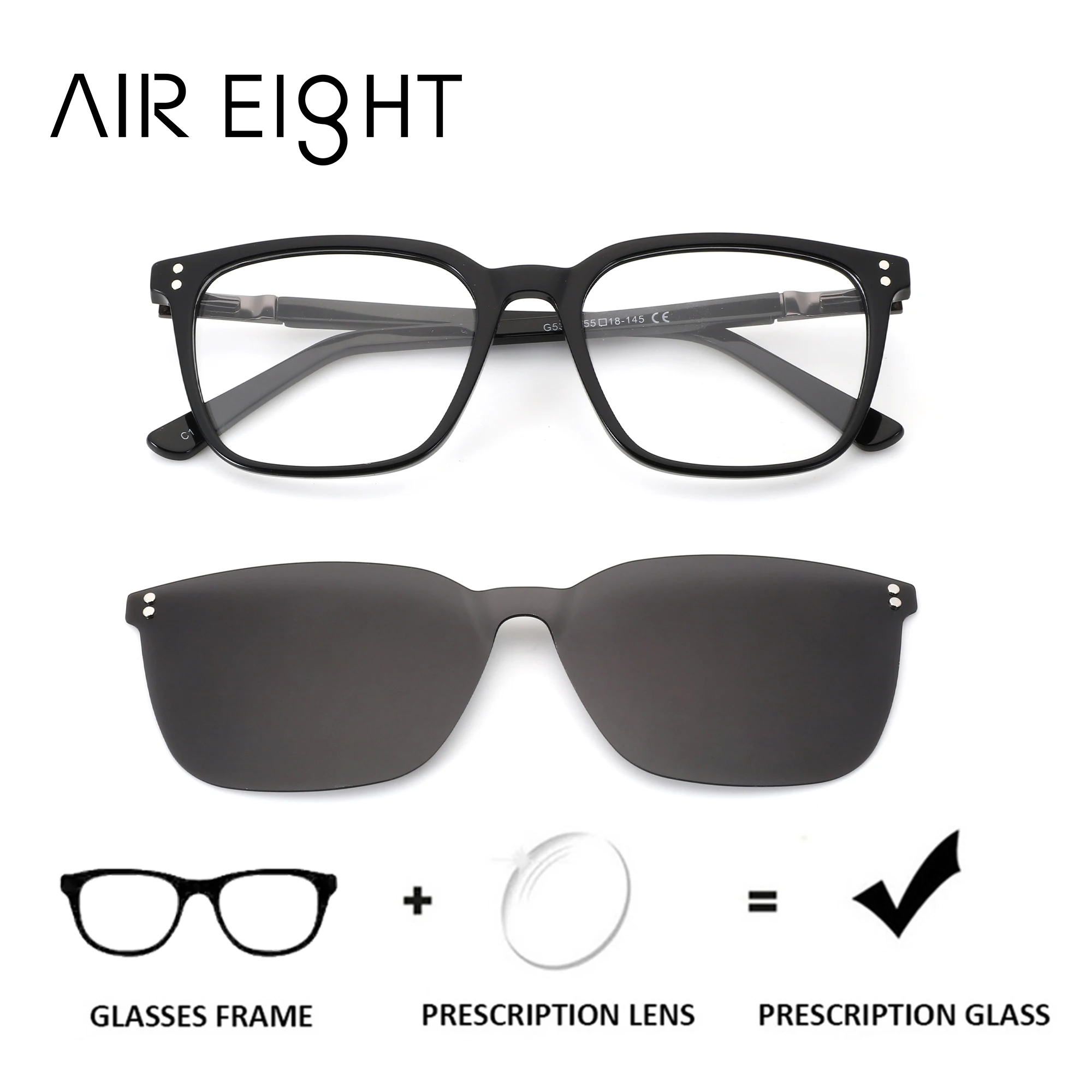 

AIR EIGHT Acetate Square Magnetic Clip Prescription Glasses for Men Anti Blue Light Myopia Optical Eyeglasses Progressive Lenses