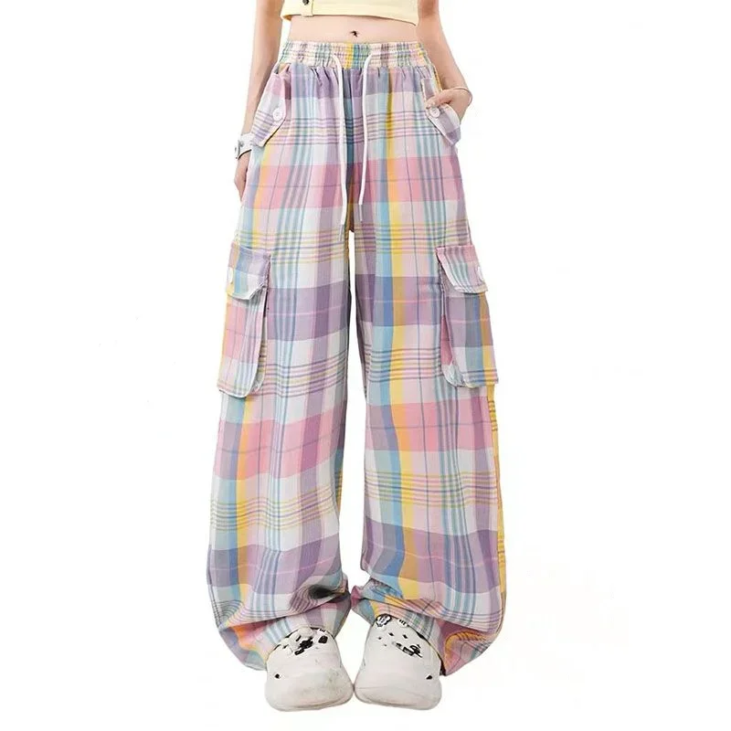 

High Waist Drawstring Dopamine Wearing Workwear Pants American Retro Colorful Plaid Pockets Sweet Cool Trendy Straight Trousers