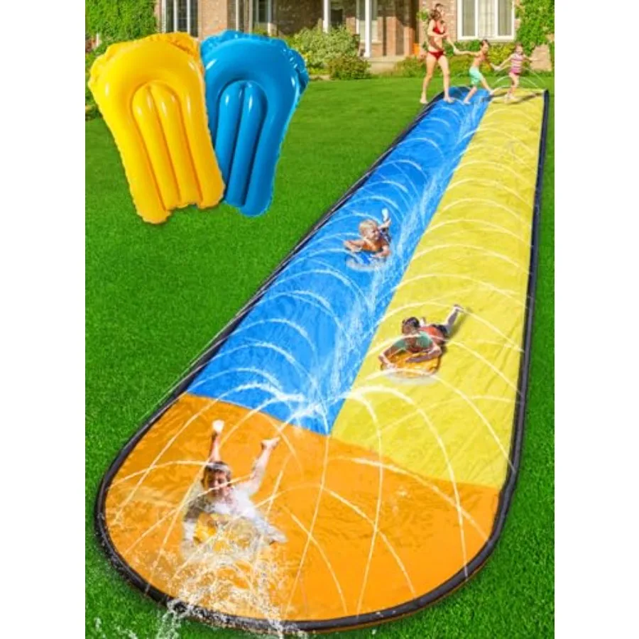 

Водная горка 22 фута x 2 дорожки с цветными блоками и охватывающими ее разбрызгивателями для летних игр на заднем дворе, в комплекте 2 бодиборда