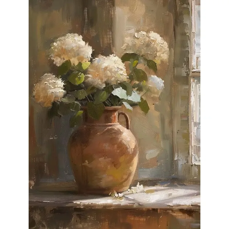 Vintage Blue White Hydrangeas in Vase Still Life Flower Aged Pottery Poster Canvas Painting Wall Art Pictures Home Decor