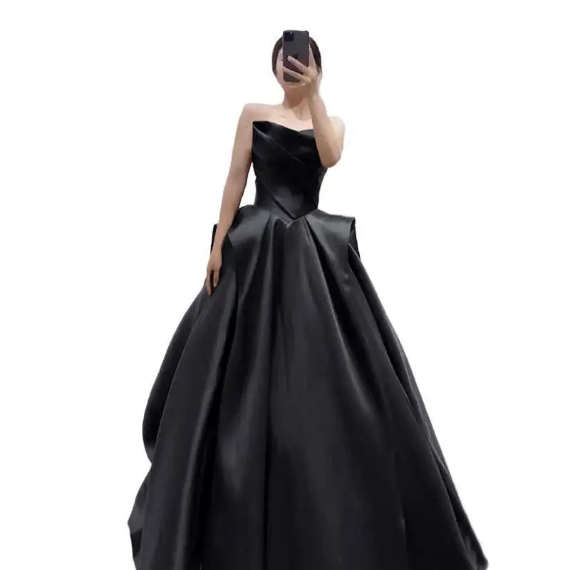 Black Strapless Sleeveless Satin One Shoulder Evening Dress New Item Niche Annual Meeting Art Exam Dress Host High Waisted Dress - Image 6