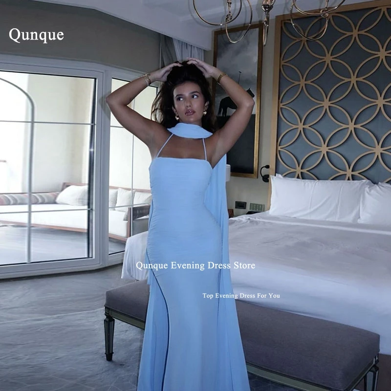 

Qunque Sky Blue Chiffon Prom Dresses Mermaid Robes De Soirée Sexy Spaghetti Straps Cape Wedding Guest Dresses Classy Customized