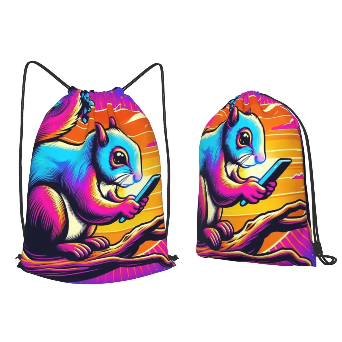 Neon Squirrel Digital Sunset Vibes Backpacks Fashion Drawstring Bags Sports Bag Book Bags for Travel Students