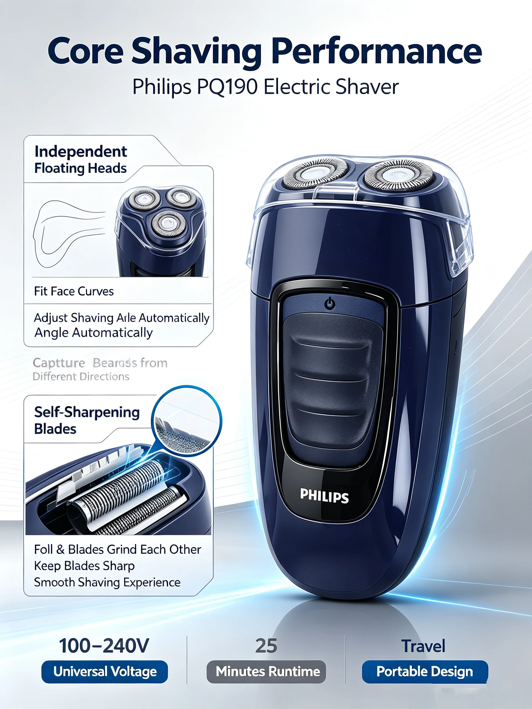 Philips PQ190 Portable Electric Shaver Floating Heads Self-Sharpening Blades 100-240V Voltage Rechargeable Men Travel Razor