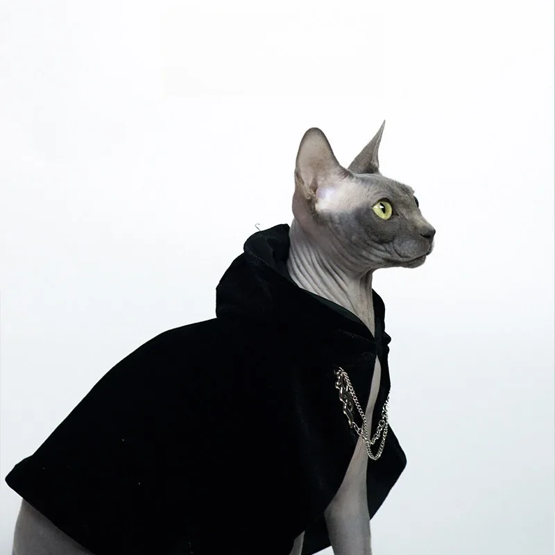 FallenVex Store Pet Cat Hooded Cloak Medieval Royal Prince Black Velvet Cape with Chain Sphynx Devon Rex Hairless Cats Costume