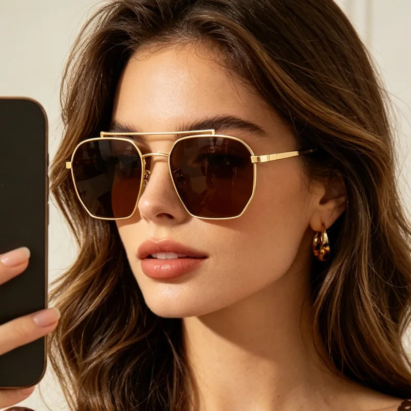 New Metal Double Beam Polarized Sunglasses Fashionable Unisex Polygonal Large Frame Personalized Trend Sun glasses