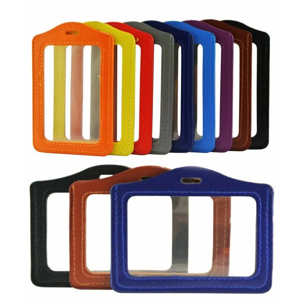 1PC Colorful PU Leather ID Badge Case Double-Sided Transparent Credit Card Holder Work Office Supplies