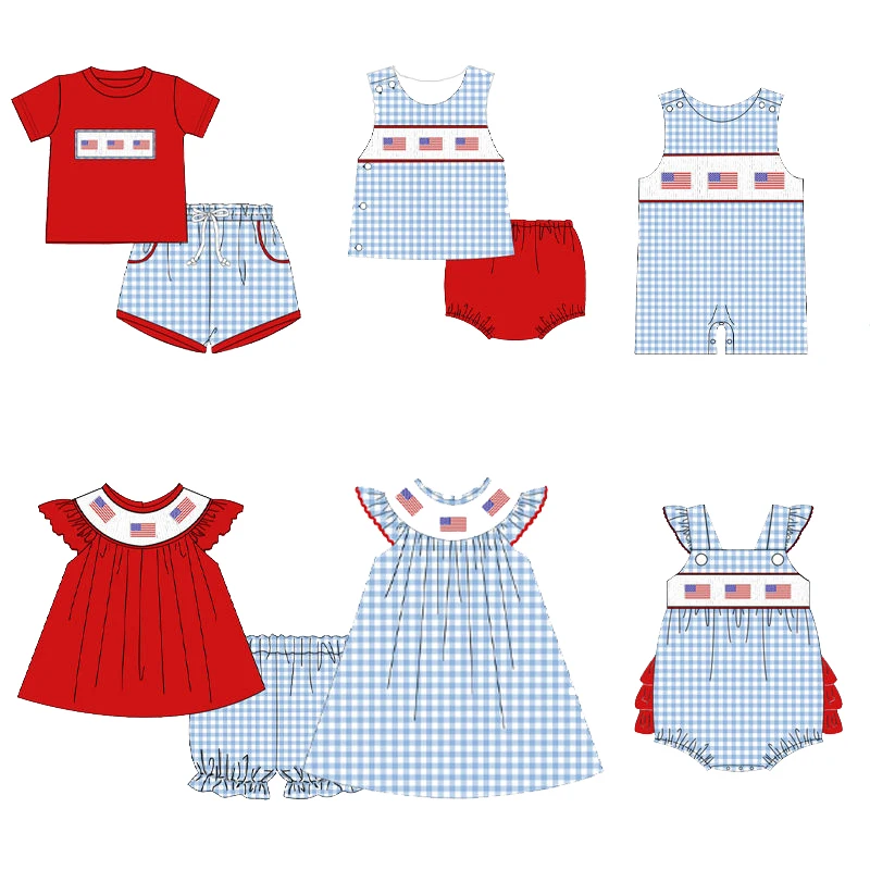 

July 4th Themed Outfit Red Short-sleeved Top With Flag Print Blue Plaid Shorts Boutique Set Romper and Dress Siblings 6-piece Se