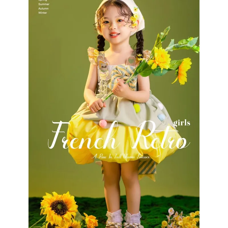 Baby Girls Sweet Princess Slip Lolita Dress Summer New Bow Ruffle Yellow Tutu Birthday Party Dresses Cute Photography Outfit