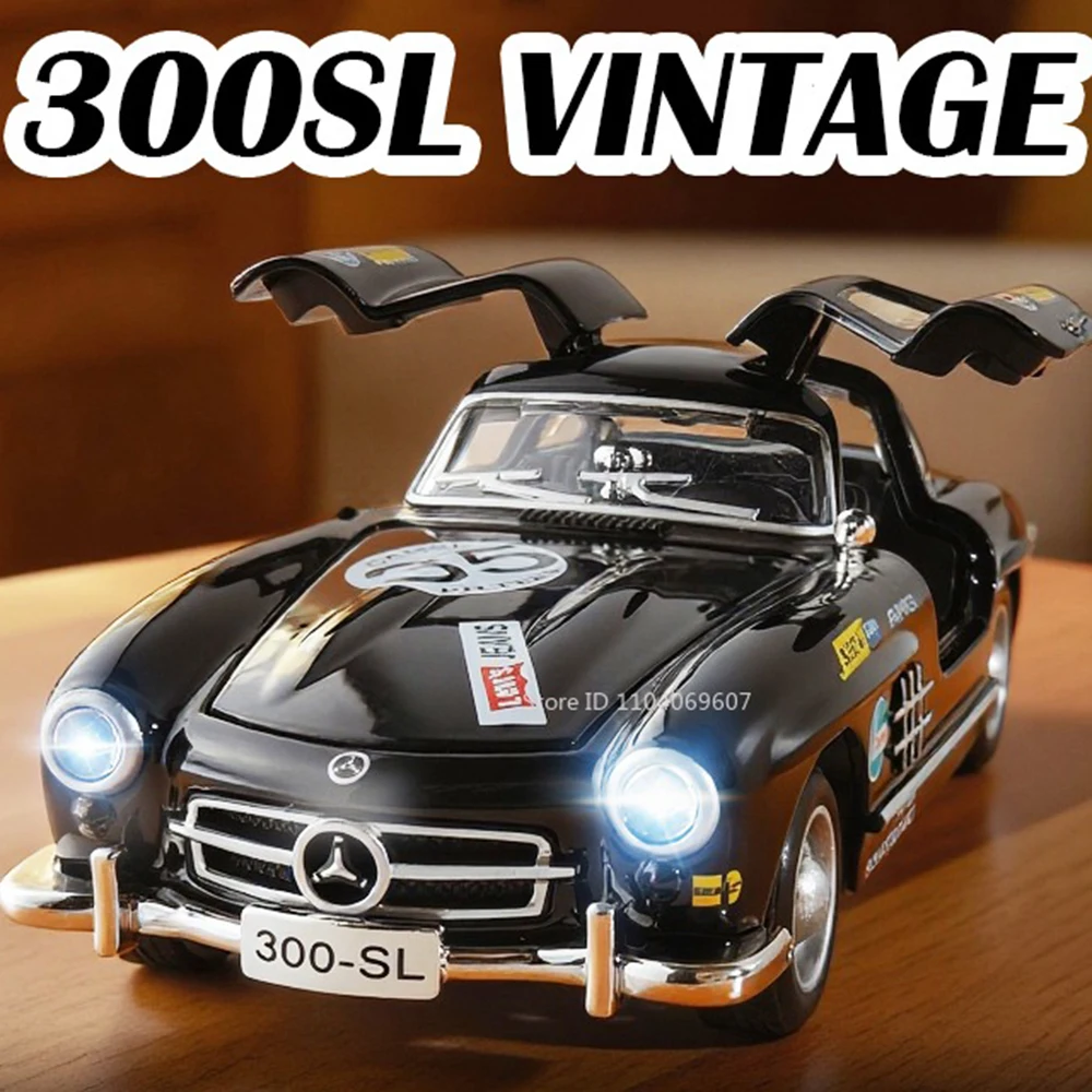 1:32 300SL ヴィンテージカーモデル ミニチュア玩具 合金ダイキャスト サウンドライト ドア開閉 プルバック装飾 車両 子供向けギフト