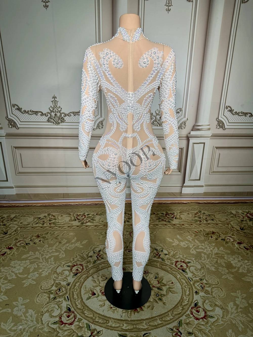 Sparkly AB Rhinestones White Pearls Jumpsuit Long Sleeve Sexy Mesh Transparent Celebrate Party Birthday Dress Dancer Stage Wear