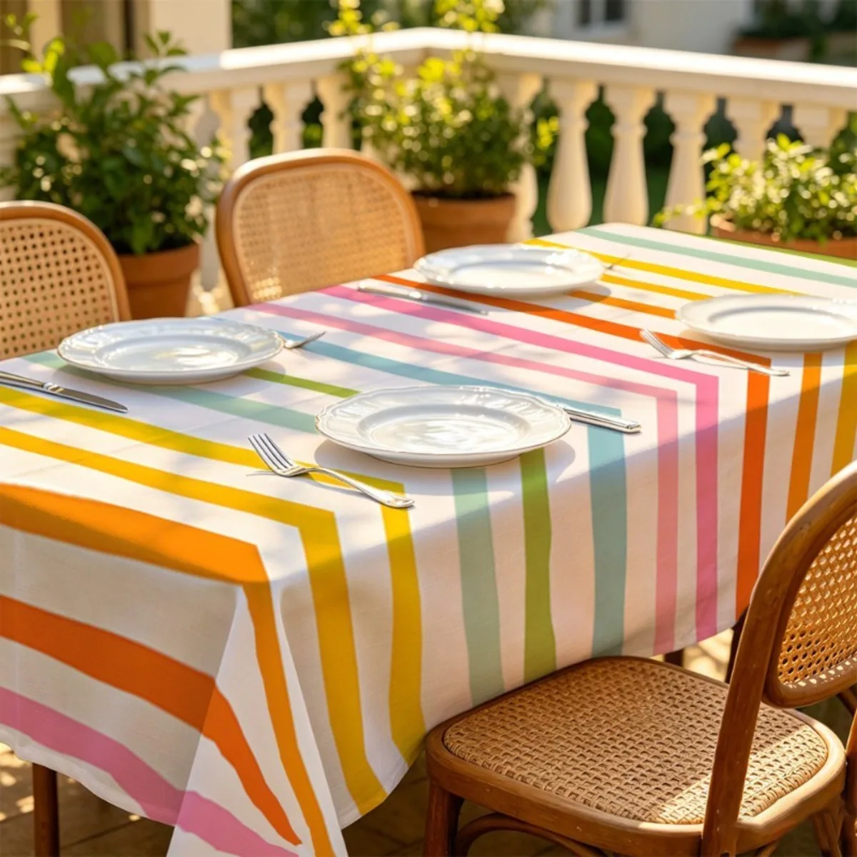 Polyester material, composed of various colors of vertical stripes, with the colors of the stripes alternating.