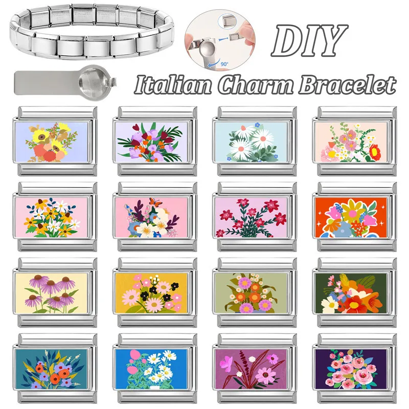 

New Fashion Spring Sweet Colorful Flowers Charms Italian Links Fit 9mm Stainless Steel Bracelet DIY Making Designer Jewelry