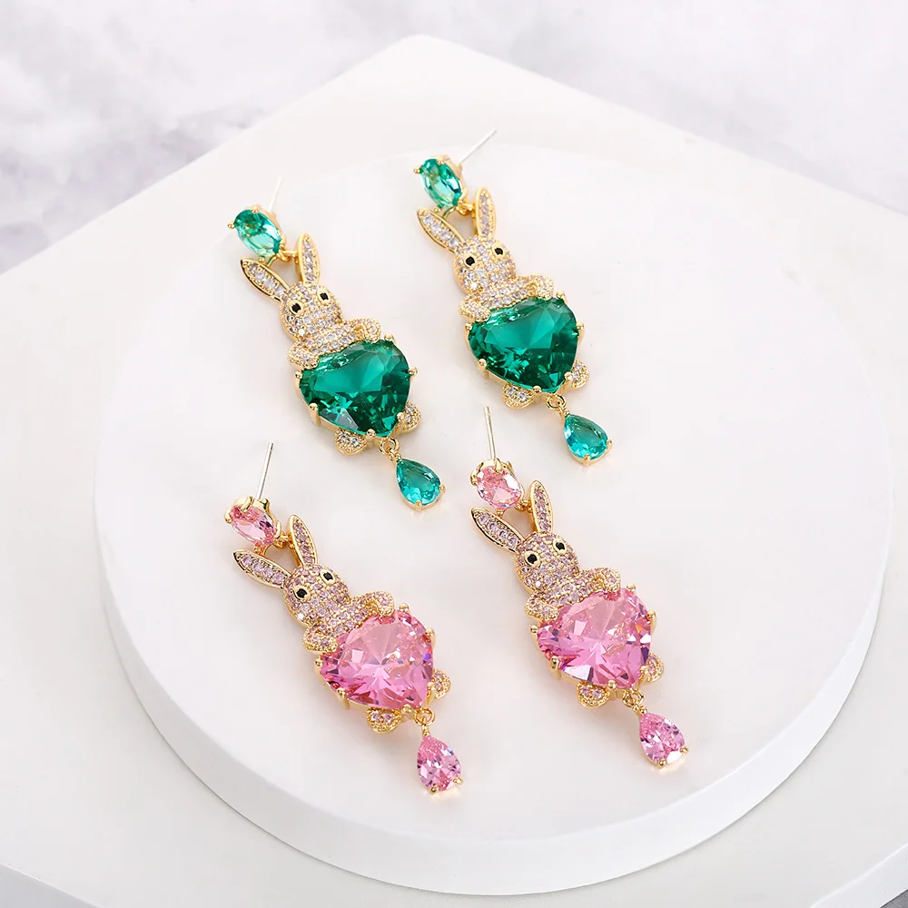 

925 Silver Needle Luxury Bunny Heart Multicolor Gemstone Drop Earrings, Elegant Bridal Wedding Party Jewelry Gift for Women